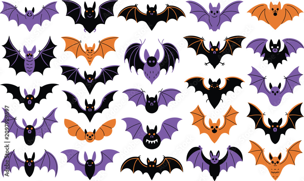 Fototapeta premium Cute halloween bat characters collection with funny facial expressions and various colors