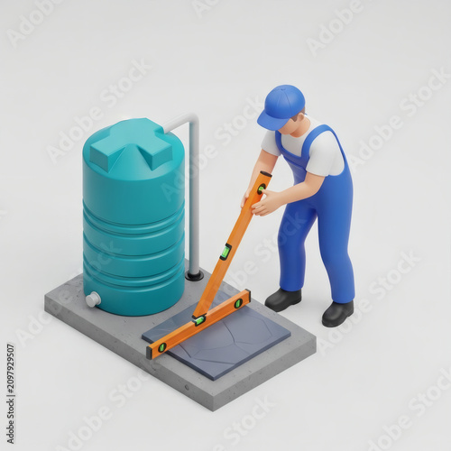 Worker leveling the foundation of a water storage tank