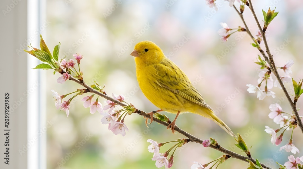 Fototapeta premium Yellow canary bird on a blooming branch. Small pet songbird in spring.