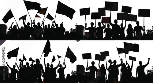 Collection of protest silhouettes featuring crowds with flags, placards, and megaphones for political and social movements