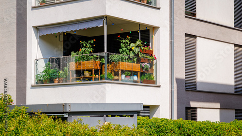 Bright balcony garden with plants and seating setup in a modern apartment during daytime