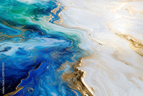 Acrylic paint swirls create a marbled texture with vibrant blue, green, and metallic gold pigments.