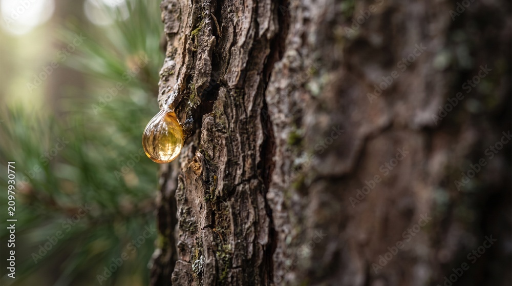Fototapeta premium A detailed close-up shot of a golden pine resin droplet oozing from the rugged bark texture of an ancient evergreen tree in a forest