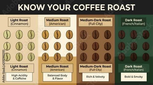 Bilde på lerret Flat Design Infographic 'Know Your Coffee Roast' with Coffee Beans, Grinder, and
