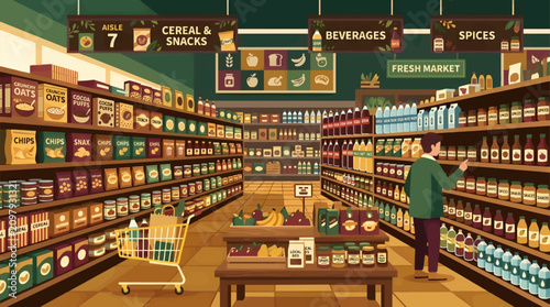 Schilderij op canvas Grocery Store Aisle with Shelves Packed with Food Products and a Customer Shoppi
