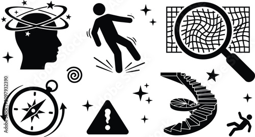 Quadro su tela Vertigo and dizziness medical symptom black silhouette icon set with dizzy head