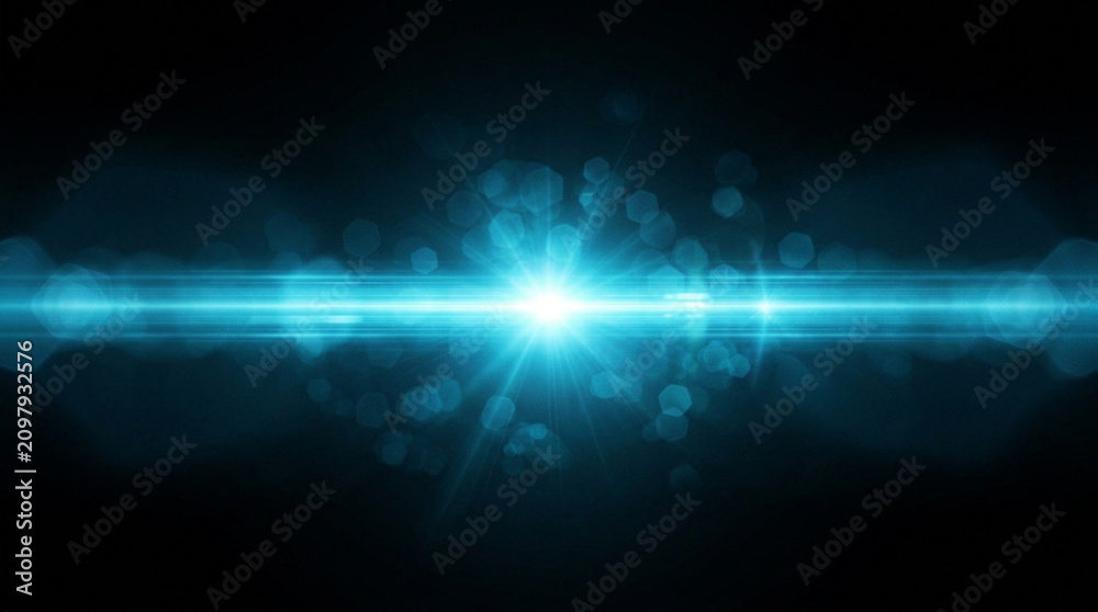 Fototapeta premium Bright blue light flare effect with glowing particles and streaks on a dark black background