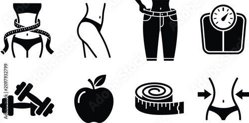 Photos Weight loss and fitness diet icon set featuring measuring tape slim waist dumbbe