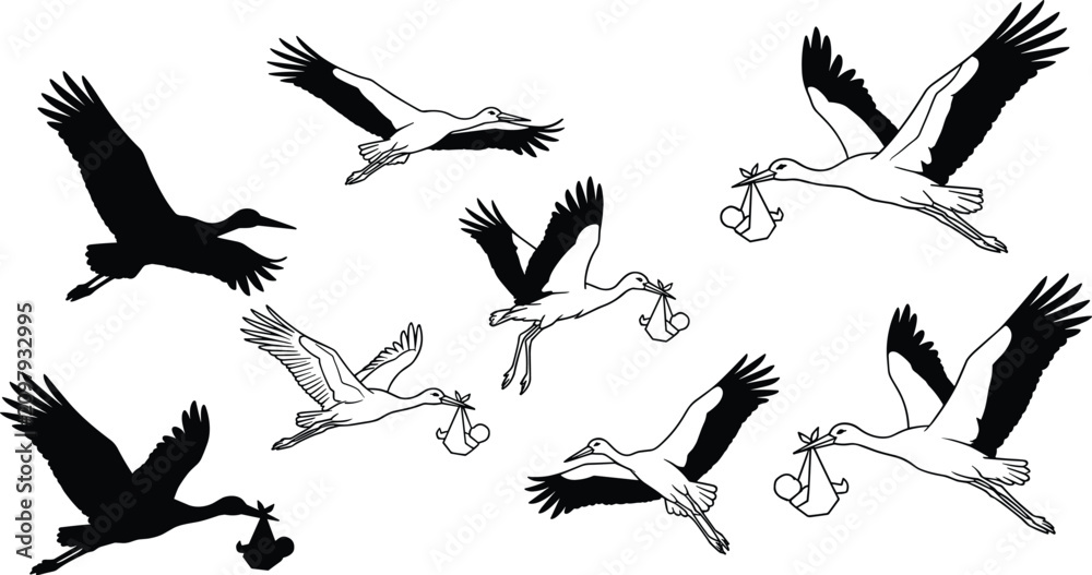 Obraz premium Flying stork bird carrying baby bundle silhouette collection for shower invitations pregnancy announcement and newborn arrival vector illustration