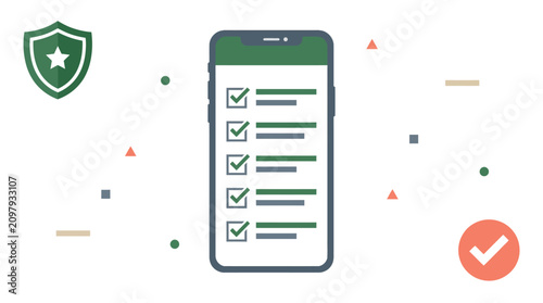 Mobile checklist app on smartphone screen, digital survey with check marks, online security shield and verification icons for business productivity