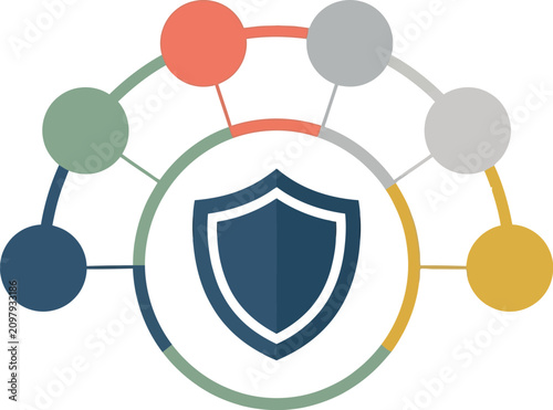 Cyber security shield icon with network nodes, data protection infographic element, digital safety concept vector for business presentation