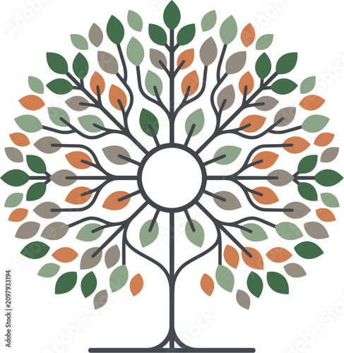 Stylized tree logo with colorful leaves and circular center, symmetrical nature icon vector, abstract life tree symbol for branding and wellness