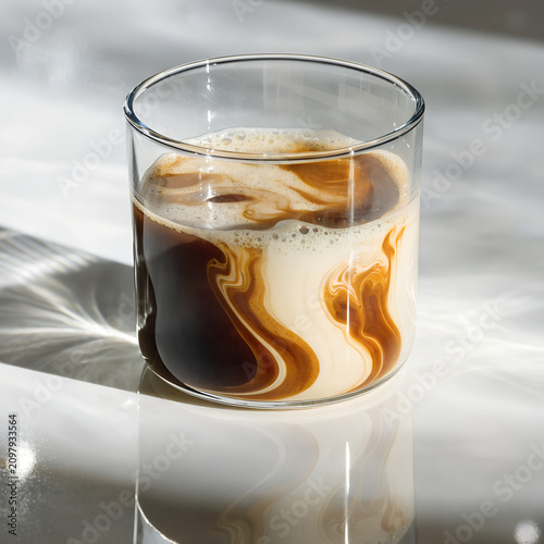 Macro shot capturing the precise moment espresso diffuses into milk with intricate fluid dynamics, centered glass on a polished white reflective counter. Crystal-clear glass, ultra-sharp details, real