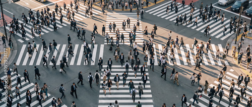 Crowded intersection with people crossing a crosswalk