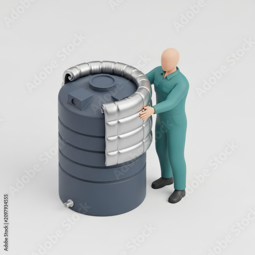 Technician applying silver thermal insulation to a blue water tank