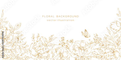 Flower line art background. Floral frame leaf pattern. Gold wedding card botanical elegant luxury border. Golden outline spring corner. Vector illustration