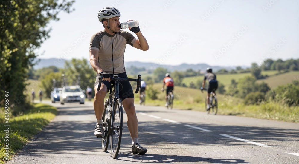 Fototapeta premium Male cyclist drinking water from a bottle while riding a road bike. Athlete participating in a cycling tour event on a sunny country road