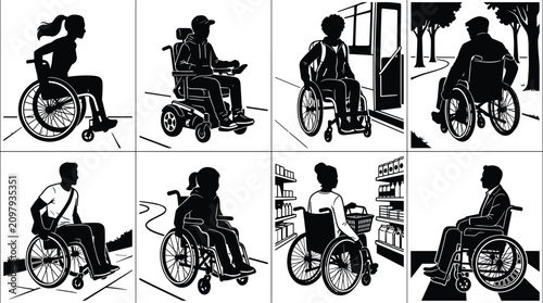 Set of black silhouettes featuring people in wheelchairs engaging in various daily life activities and accessibility