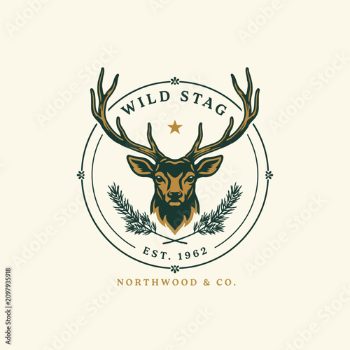 Wild stag deer head vintage emblem circular logo vector illustration