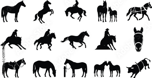 Bild auf Leinwand Horse Silhouette Collection with Riding Ranch Farm and Equestrian Animals Vector