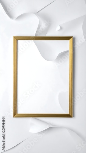 A gold picture frame on a white background with wavy folds