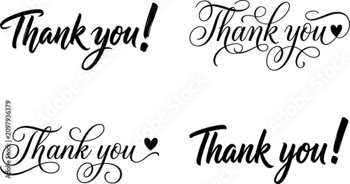 Fotografía Elegant thank you lettering variations with flourishes and a heart shape on a wh