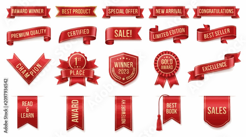 Red ribbon award banners and sale labels. Vector set of vintage badges for marketing and promotion.