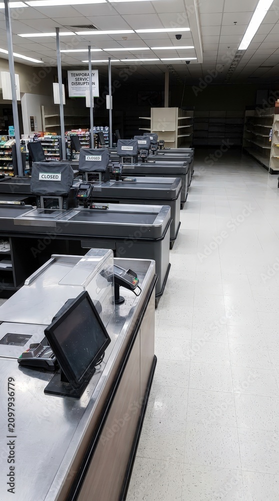 Obraz premium Closed supermarket checkout area during supply shortage, retail disruption, consumer slowdown, economic uncertainty, emergency preparedness.
