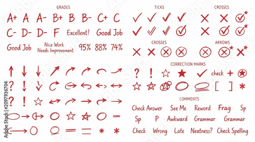 Handwritten grading marks and school feedback icons. Red teacher correction symbols for school tests.
