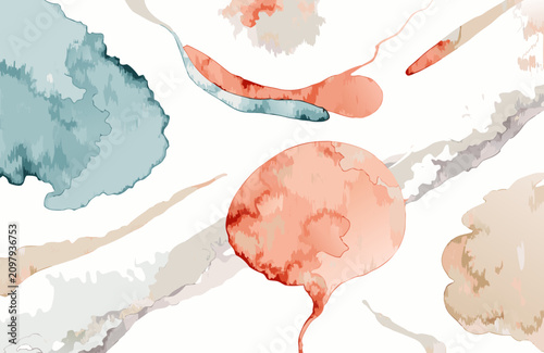 Abstract watercolor splashes with organic shapes and flowing lines in soft pastel tones