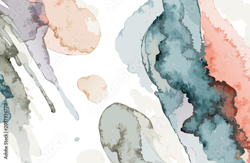 Abstract watercolor splashes in muted pastel tones with organic fluid shapes and black accents on white background