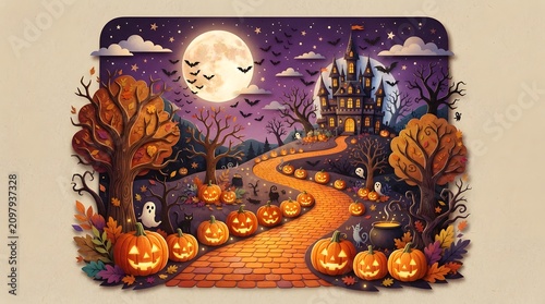 Halloween pumpkin border spooky castle scene with jack o' lanterns and autumn foliage