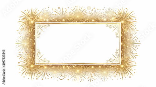 Gold fireworks frame for festive celebrations. Elegant holiday border with sparkling light effects.