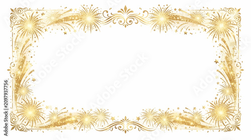 Golden fireworks border frame. Elegant festive background for New Year celebration and party event.