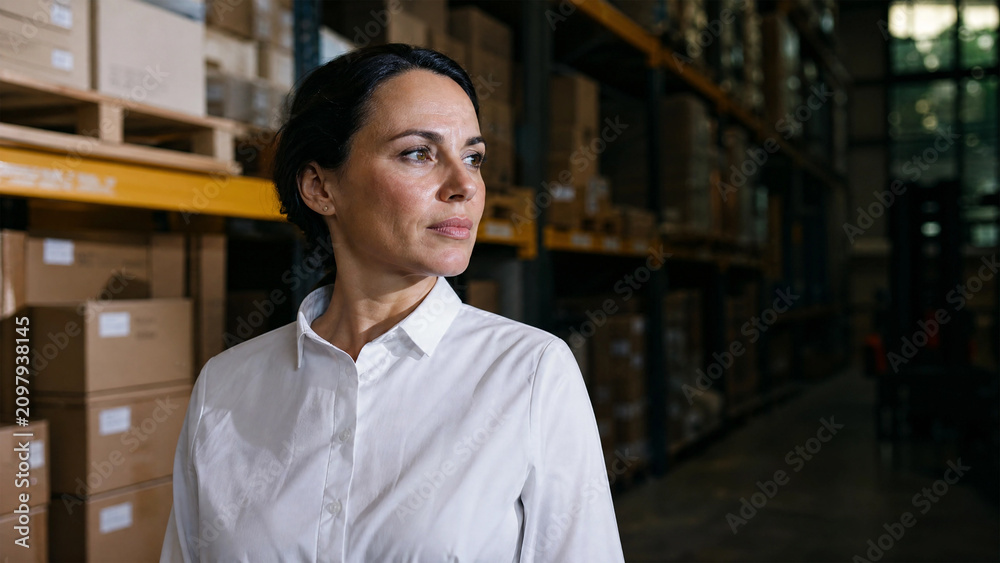 Fototapeta premium Thoughtful confident female manager looking away while standing in a large industrial warehouse facility