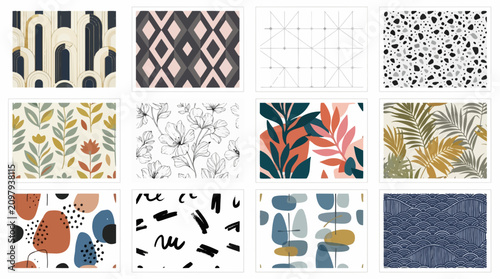 Abstract seamless patterns set. Modern geometric and floral vector backgrounds for textile design.