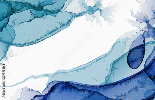 Flowing blue ink abstract on white surface with black organic shapes during ethereal fluid motion