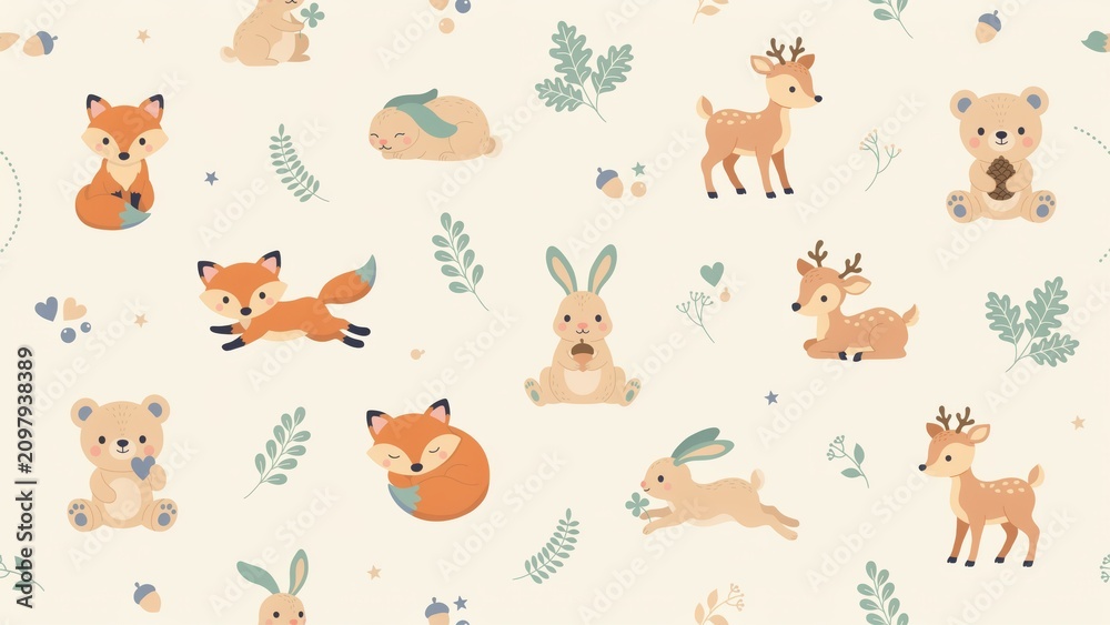 Naklejka premium Seamless pattern featuring cute woodland animals like foxes, bears, rabbits, and deer with leaves and acorns on a light beige background