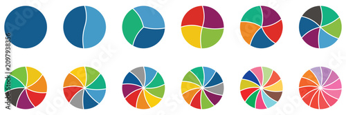 Circle pie chart. 2,3,4,5,6,7,8,9,10,11,12 sections or steps. Business infographic vector set.  Pie chart for data analysis, business presentation, UI, web design. Vector illustration.