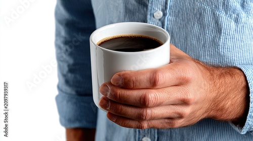 Cozy Morning Ritual: A close-up shot of a man in a blue chambray shirt holding a simple white ceramic mug filled with rich dark coffee, embodying a moment of quiet focus and morning warmth.