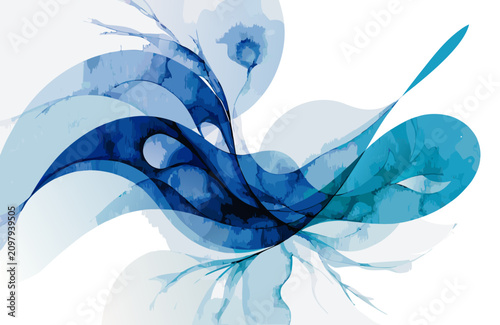 Flowing blue ink abstract shapes on white background with black accents and soft gradients