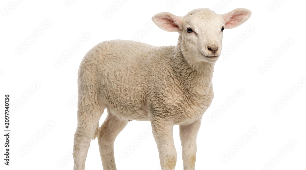Fototapeta premium Cute white lamb transparent PNG isolated farm animal cutout for agriculture, Easter and nursery designs