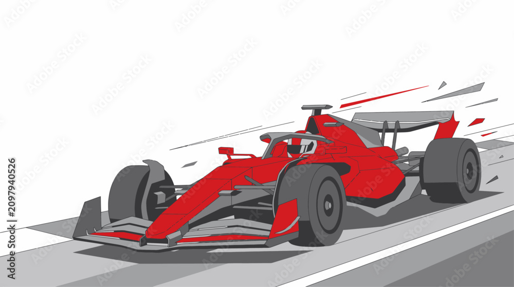 Obraz premium Dynamic illustration of a red Formula 1 race car speeding on a grey track with motion blur effects.