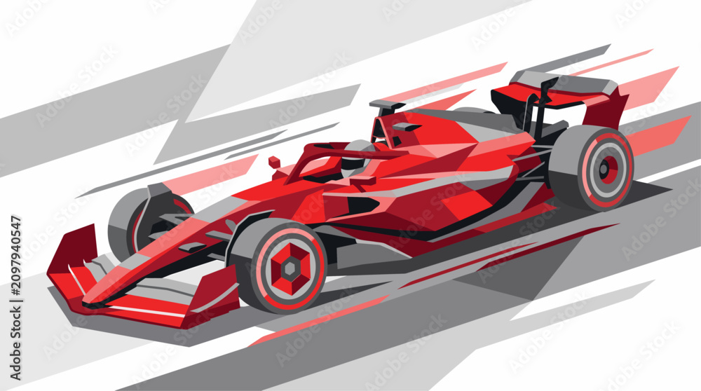 Obraz premium Dynamic red Formula 1 race car speeding on a track with abstract motion lines, showcasing high-speed automotive design and performance.