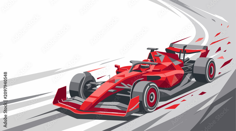 Obraz premium A dynamic red Formula 1 race car speeding around a corner on a stylized track with motion blur and abstract elements.
