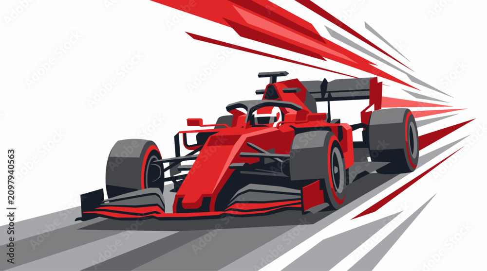 Obraz premium A vibrant red Formula 1 race car speeding on a track with dynamic motion blur effects, illustrating high-speed racing and competition.