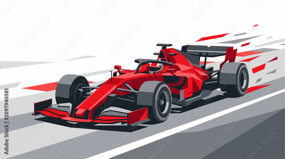 Obraz premium A vibrant red Formula 1 race car speeding on a track with dynamic motion blur, illustrating high-speed racing and automotive performance.