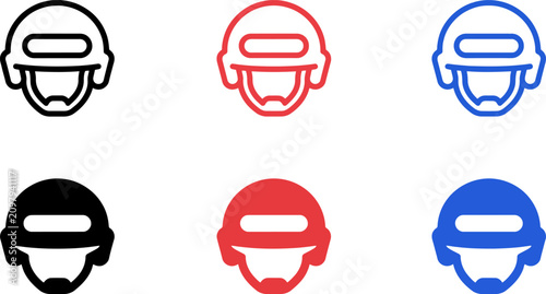 Fotografie Six motorcycle helmets in different colors on white background