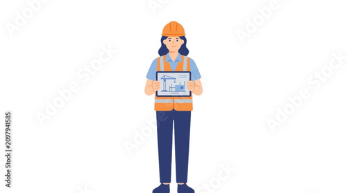 Female Engineer or Architect in Safety Vest Holding Digital Tablet with Blueprints