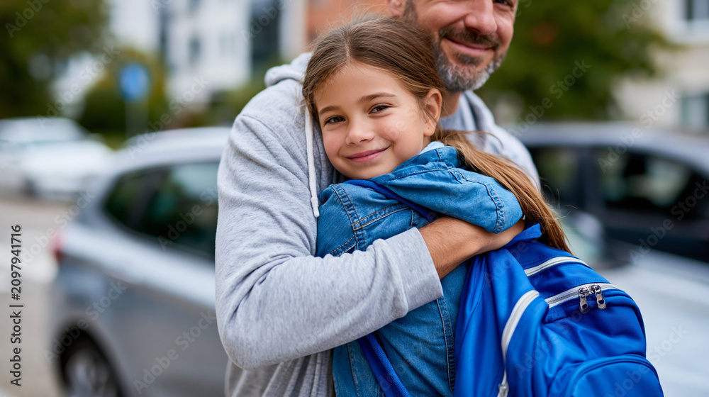 Fototapeta premium Faceless happy papa hugging little girl getting ready for elementary school lesson in schoolyard with father walking daughter to school with backpack hugging on street next to